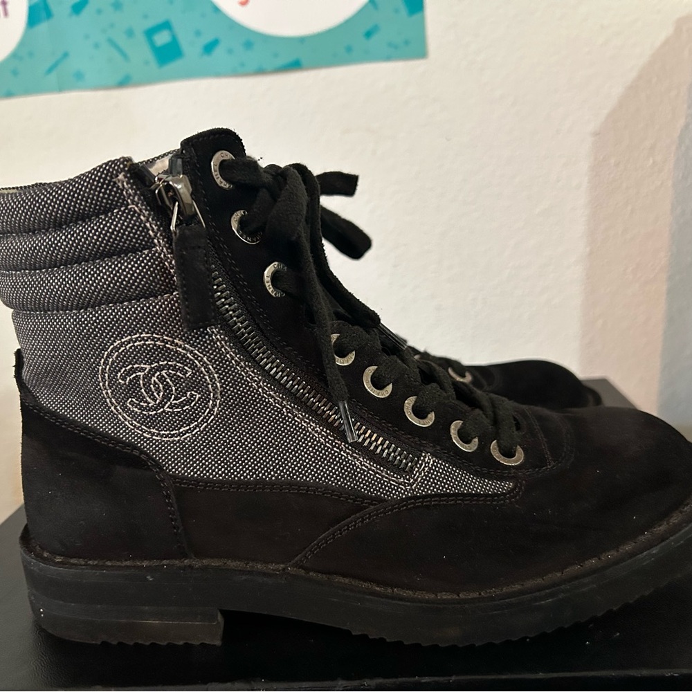 CHANEL Black and Gray Lace-Up Boots